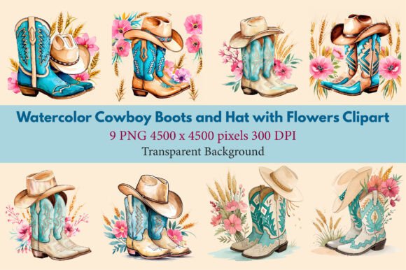 Download Watercolor Cowboy Boots Hat and Flowers - Flower Collection